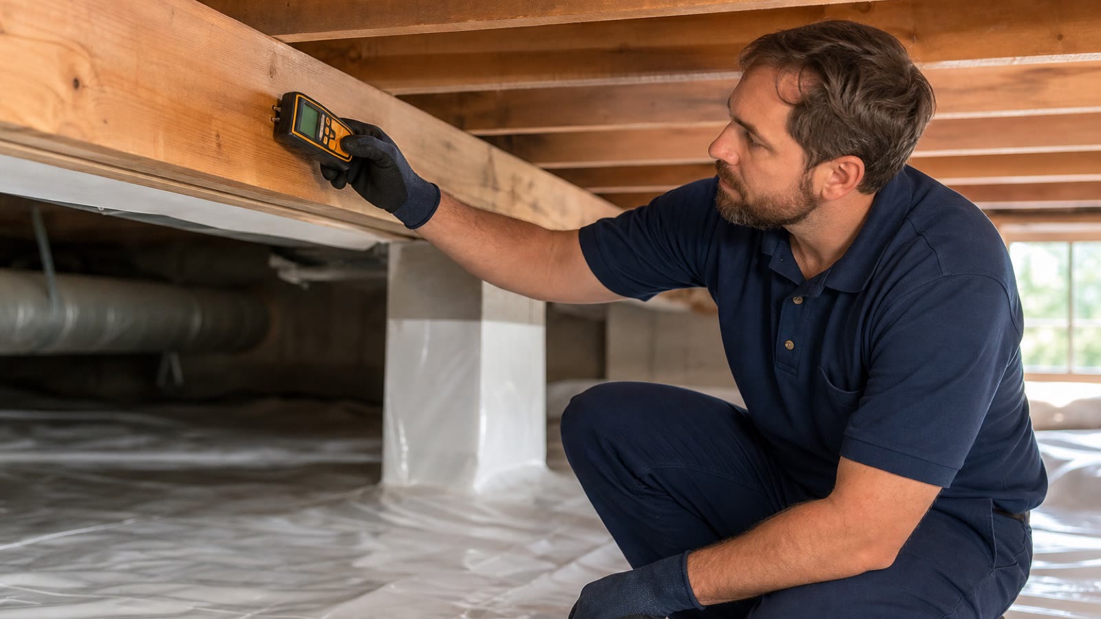 Technician checking moisture conditions beneath a raised floor
